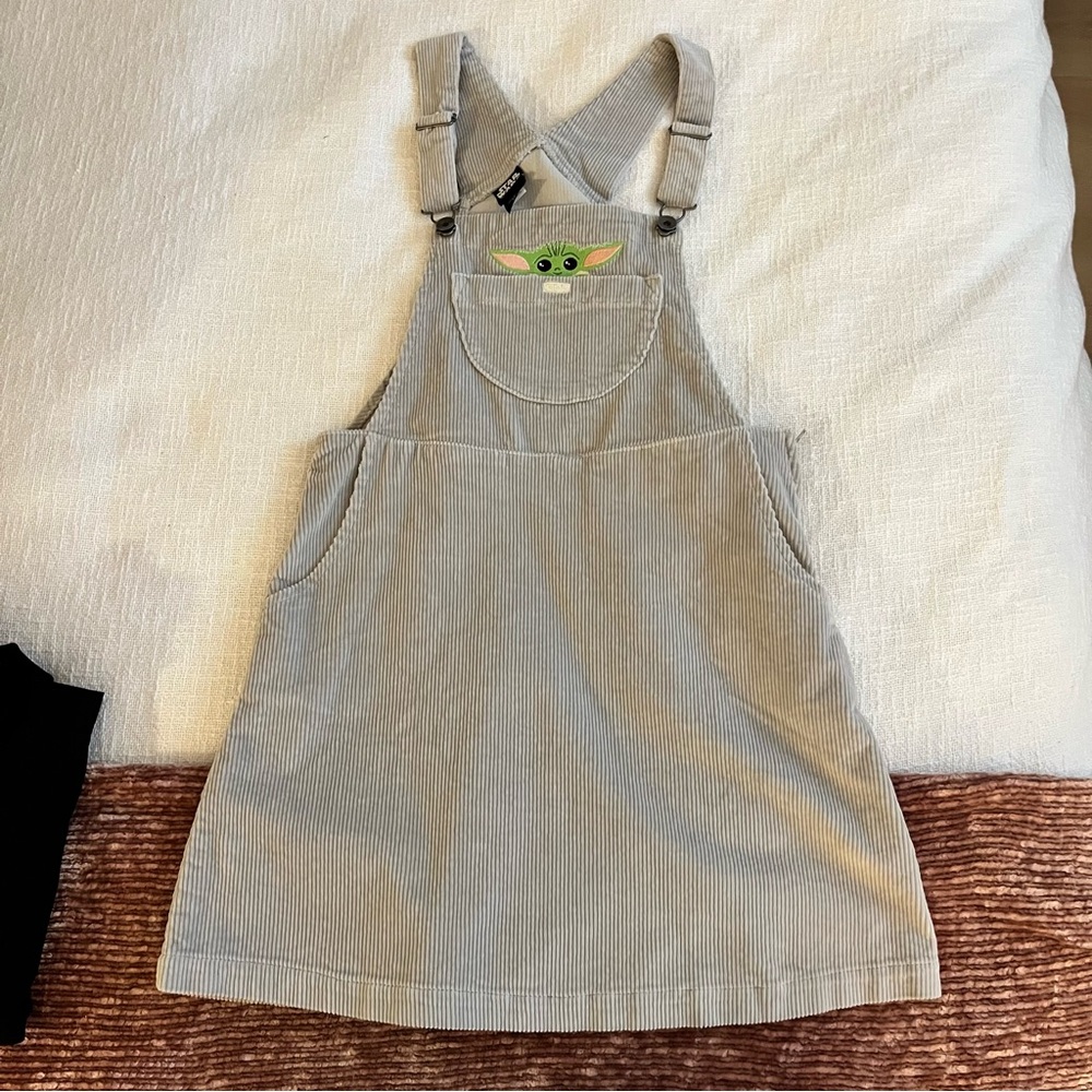 Gray Corduroy Overall Dress with Baby Yoda Patch